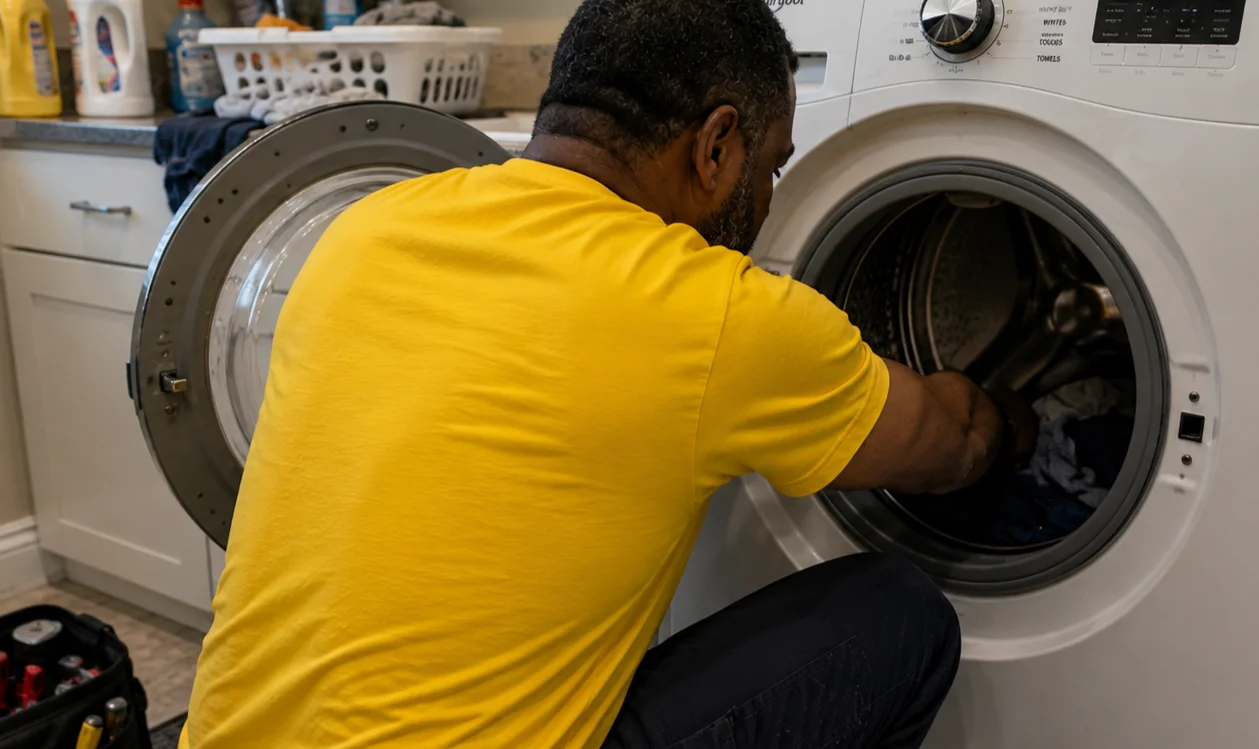 Washing machine repair technician working in Oakville home laundry room