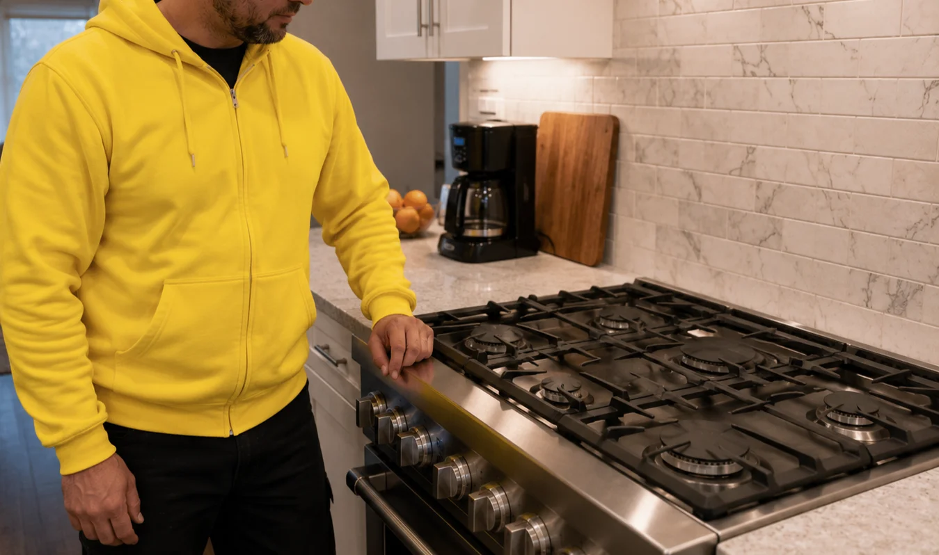 Stove repair technician working on gas cooktop in Oakville home kitchen